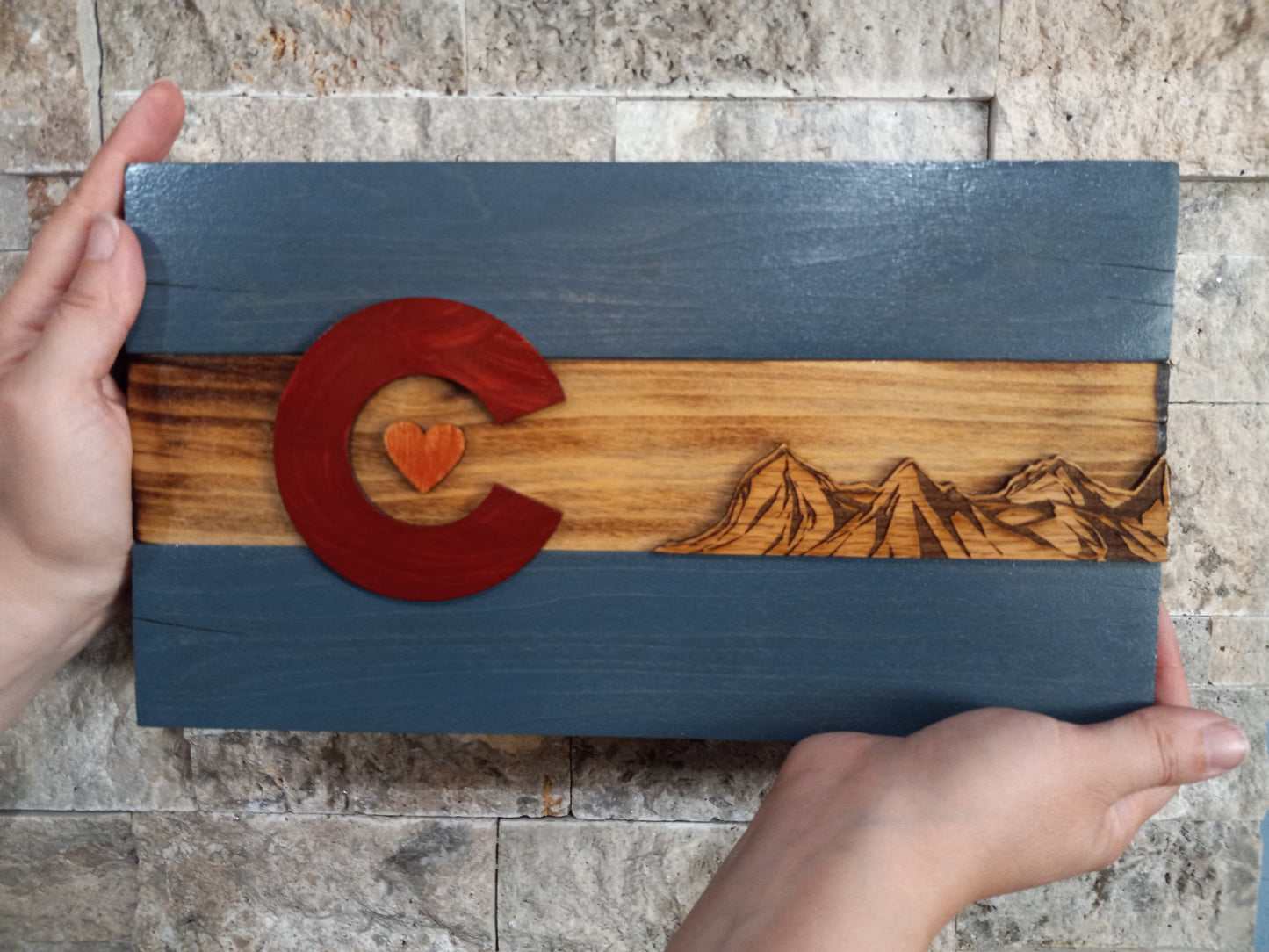 Rustic Colorado Flag with Mountains | MINI 12" x 6" | Engraved.