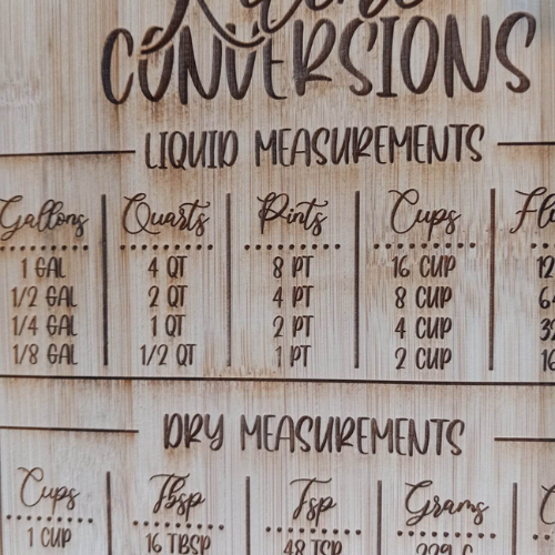 Engraved. Kitchen Conversion Chart | Bamboo Cutting Board
