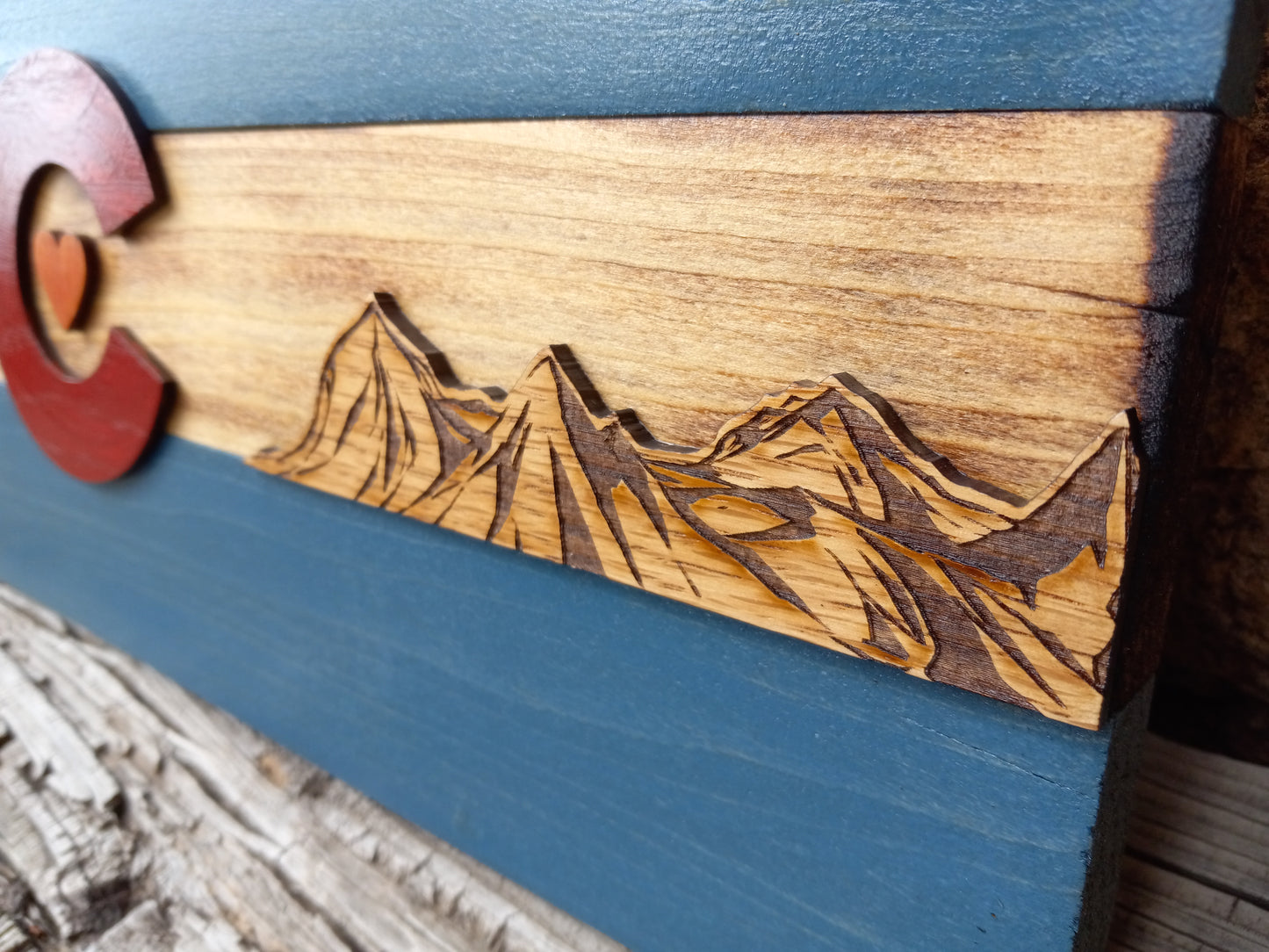 Rustic Colorado Flag with Mountains | MINI 12" x 6" | Engraved.